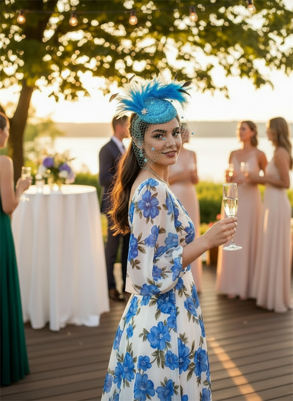 4521. Блестящая шляпка с вуалью Жанет с шикарными перьями. Голубая 4521 - фото 24839