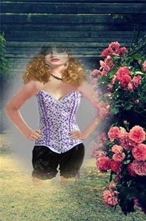 Удлиненный корсет Pin up с фиолетовыми вишенками. В комплекте с шортами Удлиненный корсет Pin up с фиолетовыми вишенками. В комплекте с шортами